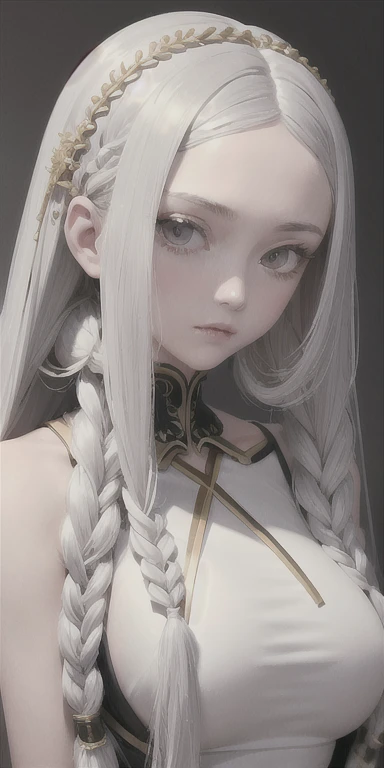 best quality, masterpiece,gray hair, golden eyes,white clothes, search,hair,fair skin,side braids,big bust