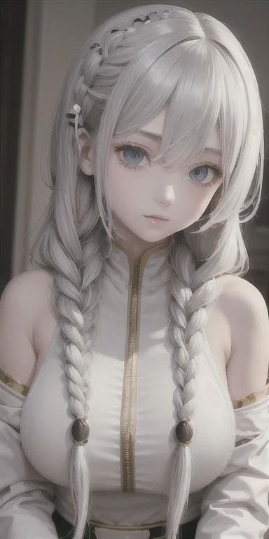 best quality, masterpiece,gray hair, golden eyes,white clothes, search,hair,fair skin,side braids,big bust