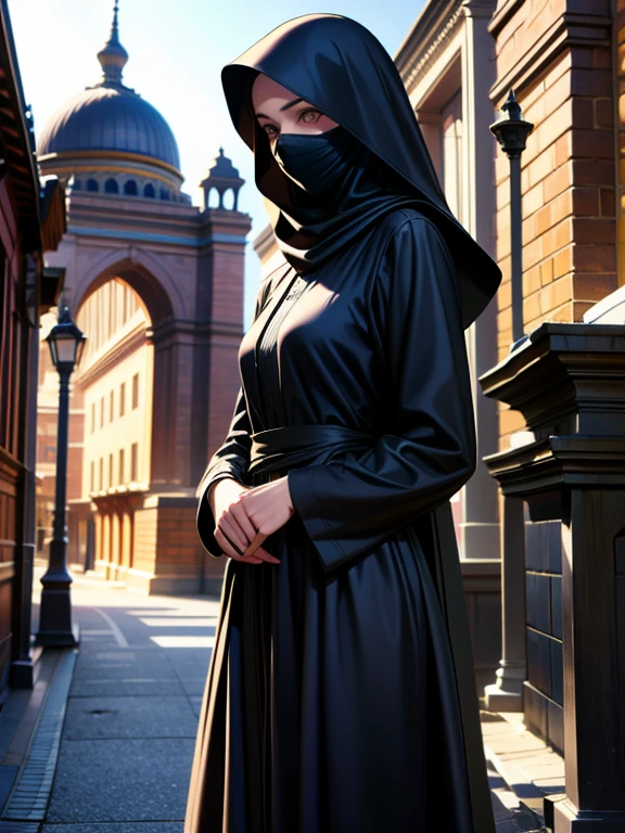 (best quality, 8k resolution, (realistic, photorealistic:1.37)) A girl in Arabian attire, wearing a black abaya, a black hijab covering the head, and a black niqab concealing the mouth, standing on a stone-paved street lined with sturdy stone buildings. The sunlight is intense, casting a slightly dusty atmosphere. In the distance, the cityscape reveals the magnificent Arabian palace buildings.