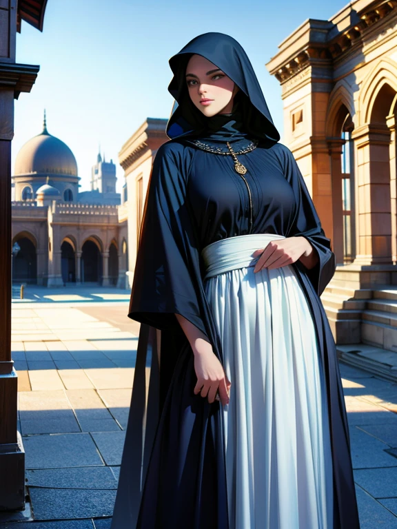 (best quality, 8k resolution, (realistic, photorealistic:1.37)) A girl in Arabian attire, wearing a black abaya, a black hijab covering the head, and a black niqab concealing the mouth, standing on a stone-paved street lined with sturdy stone buildings. The sunlight is intense, casting a slightly dusty atmosphere. In the distance, the cityscape reveals the magnificent Arabian palace buildings.