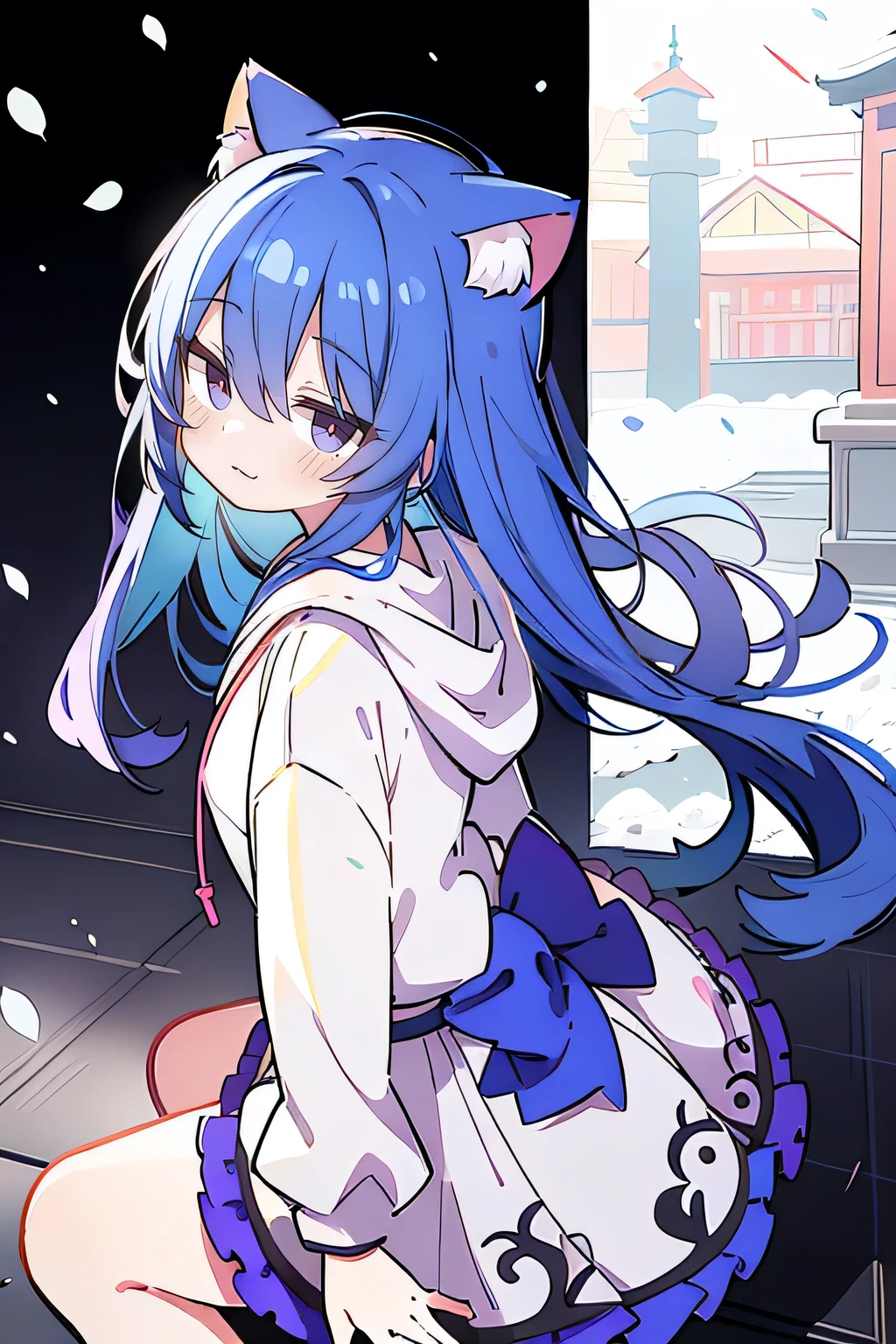 (masterpiece:1.2),Super detailed,lifelike,Expressive eyes,fair skin,perfect face shape,1 girl,
Japanese comics,Gorgeous blue hair,flowing blue hair,flowing clothes,Cat ears,Petals fall,beautiful lola,Baby Angel,
Shaking head with one hand,Cross your legs,Gentle and peaceful background,The pavilion is cool and comfortable,smile, wearing hoodie, background of tokyo,back views,snowing, winter.