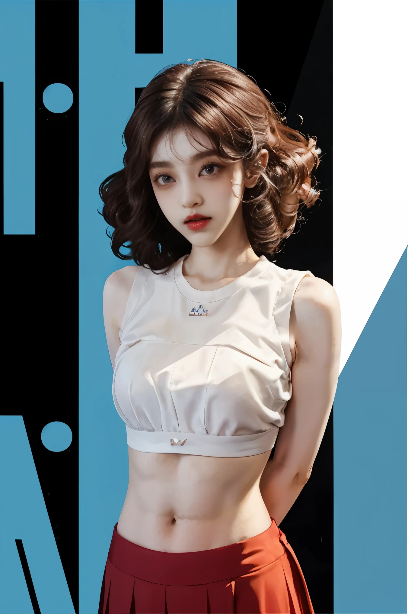 white t-shirt, Black Tulle_skirt, belly button visible, 1 Korean beauty,  (Perm Hair Curly:1.2), (from above), (on_stomach:1.5) , (arms_behind_back:1.5), looking at the camera,