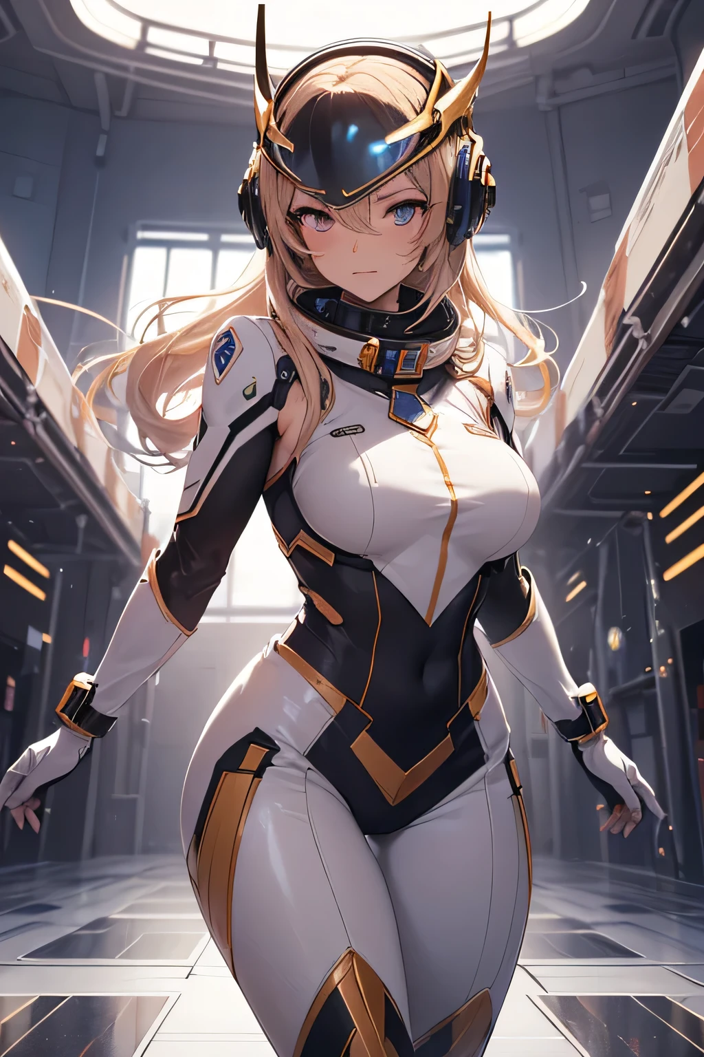 (((masterpiece))), (((best quality))), ((ultra-detailed)), ((an extremely delicate and beautiful)), ((1girl)), solo, (character focus), absurdres, high contrast, extreme detailed, colorful, highest detailed, science fiction, light hair, knee boots, spacecraft interior, large breasts, metal wire, knight, armour, space,