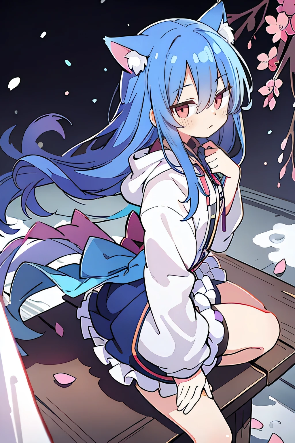 （masterpiece：1.2），Super detailed，lifelike，Expressive eyes，fair skin，perfect face shape，1 girl，
Japanese comics,Gorgeous blue hair,flowing blue hair,flowing clothes,Cat ears,Petals fall,beautiful lola,Baby Angel,
Shaking head with one hand，Cross your legs，Gentle and peaceful background，The pavilion is cool and comfortable,smile, wearing hoodie, background of tokyo,back views,snowing, winter.