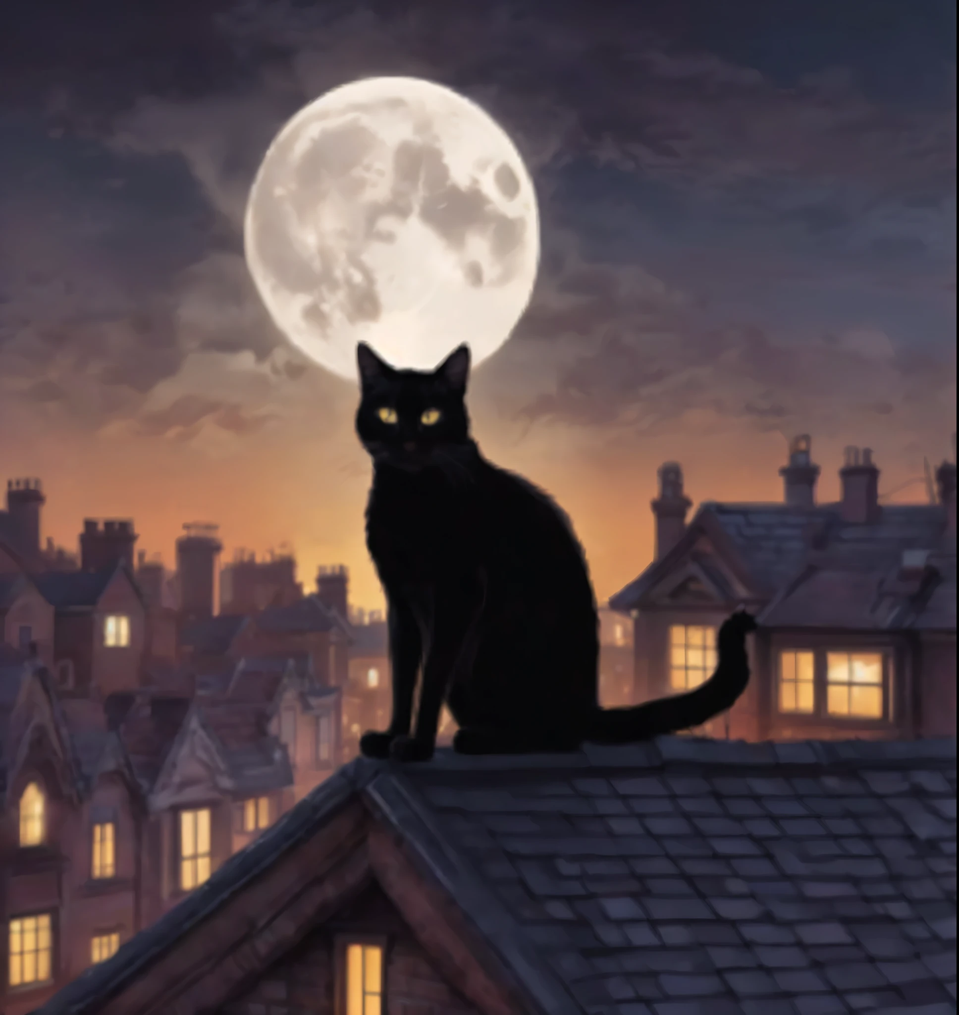 there is a black cat sitting on top of a roof, black cat, black cat in a city made of yarn, hiding in the rooftops, sits on a rooftop, background artwork, illustration of a cat, calm night. digital illustration, stylized urban fantasy artwork, with a bewitching voice, ghibli tom bagshaw, the dark god of cats, warrior cats