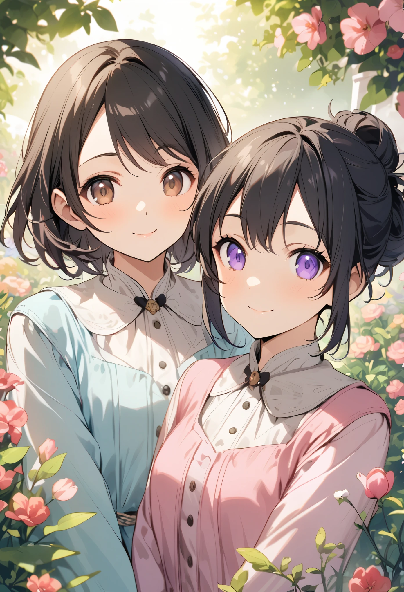 Sisters、Two Women、Black Hair、Short Hair、Tied Hair、smile、garden、Sisters、Light blue clothes、Pink clothes、Brown eyes、Purple Eyes、