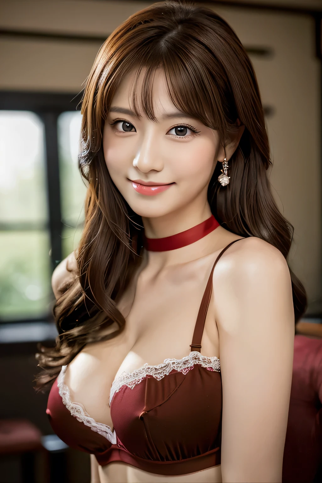 highest quality、masterpiece、超A high resolution、(Photorealistic:1.4)、Japanese 、 Ponytail Hair、Cleavage:1.2, Super detailed face、Red tie、Attention to detail、double eyelid、Put your chest together、Sharp focus:1.2、Beautiful woman:1.4、Highly detailed and professionally lit smile、Shoulder out、thin、Serious expression、whole body、Red underwear、garter belt、stockings、Long legs、 Sharp focus :1.2, Beautiful woman with perfect figure :1.4, (A wistful smile, Upward glance), Thin Abs :1.1, ((Brown Hair, Big Breasts :1.2)), Highly detailed face and skin texture、Black choker around the neck、garter belt