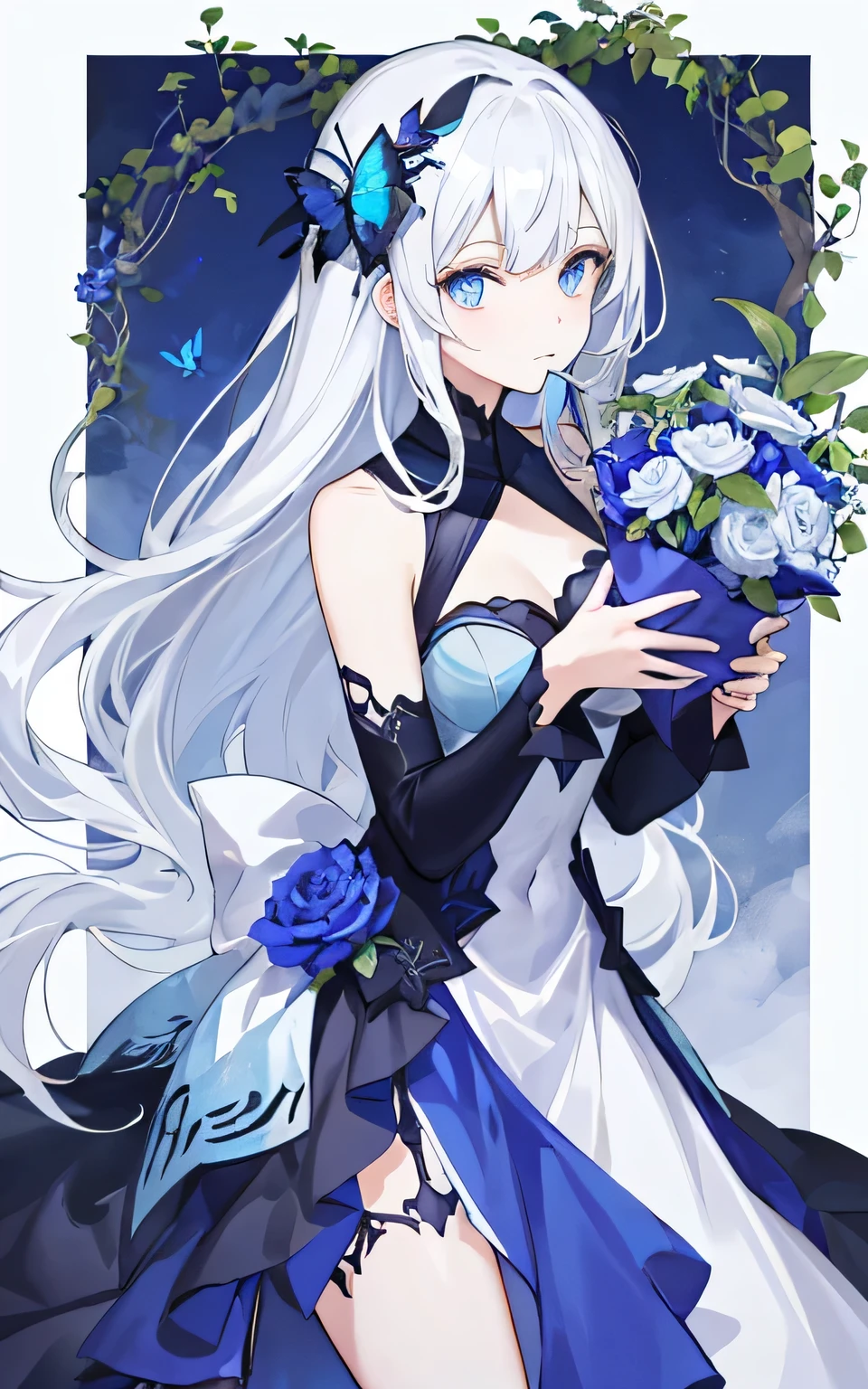masterpiece, best quality, Highly detailed 8k wallpaper, 1 woman, outdoors, helena(azure lane),strapless dress, dress, layered dress,white flowers, headdress, purple eyes, (choker), outline, (black gloves), bare legs,