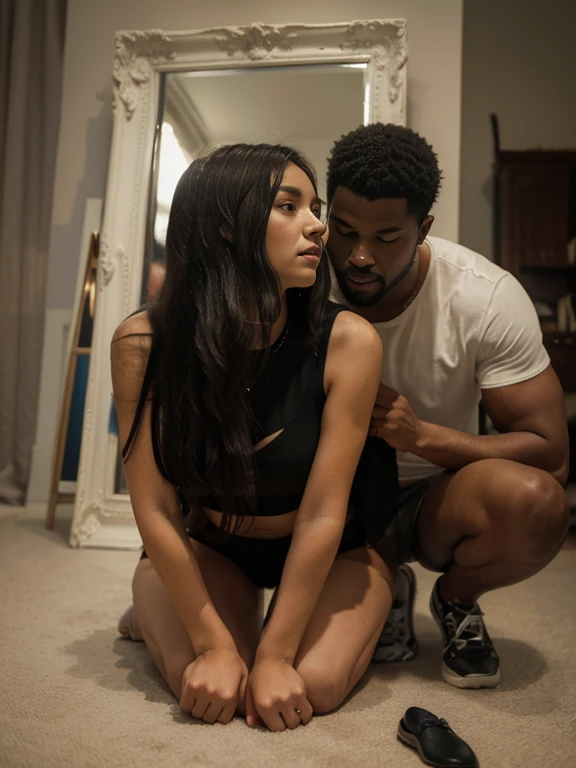 Absurd resolution, high resolution, (masterpiece: 1.4), hyper-detail,, (mirror selfie) a young woman kneels at the feet of a large, black haired, African American man,
