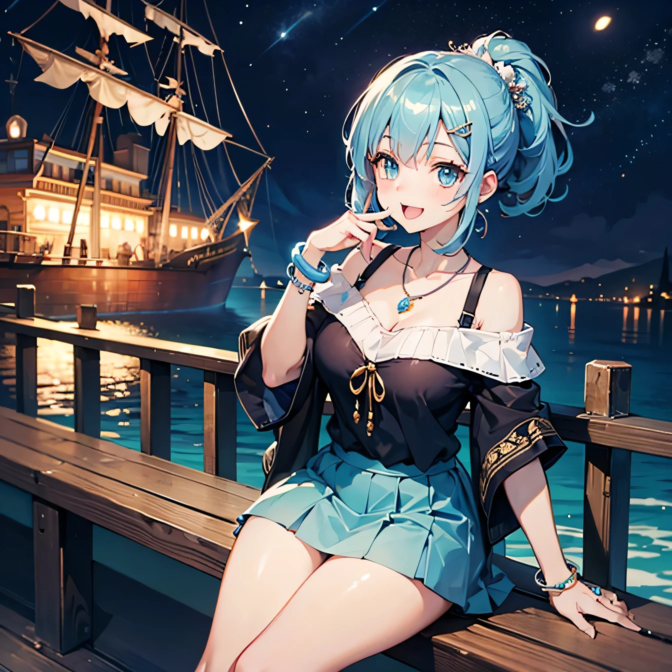 Anime Moe Art Style,highest quality,High resolution,Anatomically correct,One Girl,Mid-s,A girl with light blue hair in a ponytail,Super detailed,Fantasy-style world,Off-the-shoulder tops,mini skirt,Big Breasts,Laughing with your mouth open,Ship deck,Sitting on the railing,Looking up at the night sky,Eyes drawn in detail,hair ornaments,necklace,bracelet,ring,8K