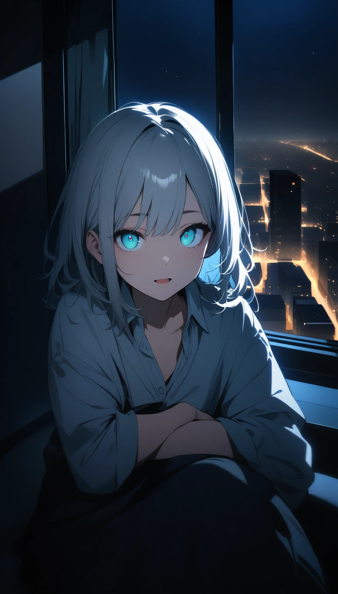 (masterpiece), highest quality, Cyan eyes, Light grey hair, Expressive eyes, Jorhaya, Sitting in a high-rise apartment room, Night Sky, Cityscape, View your viewers, City lights, window, highlight, Dramatic Light, Calm face, 32k, best quality, ultra high res, HDR, UHD, extremely detailed CG, unity 32k wallpaper,