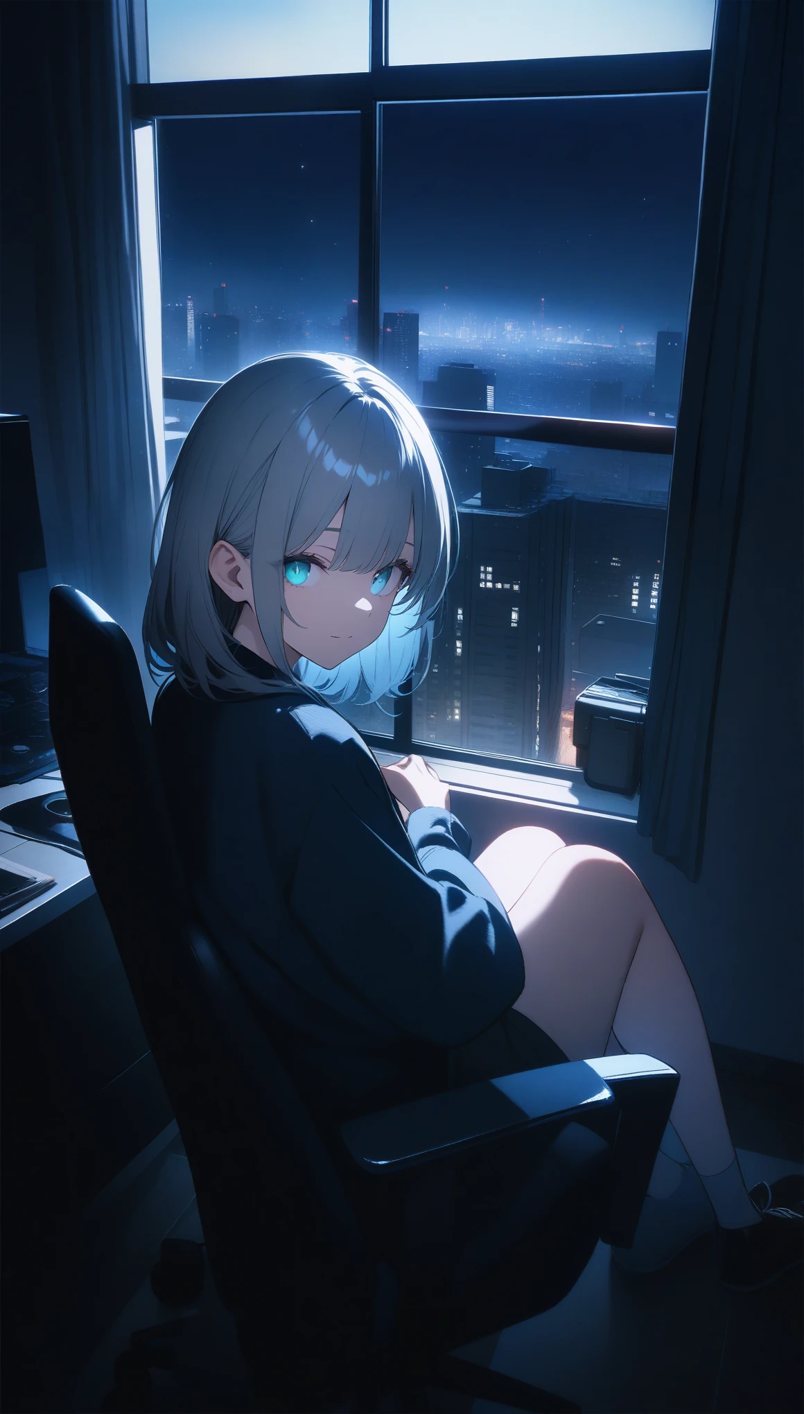 (masterpiece), highest quality, Cyan eyes, Light grey hair, Expressive eyes, Jorhaya, Sitting in a high-rise apartment room, Night Sky, Cityscape, View your viewers, City lights, window, highlight, Dramatic Light, Calm face, 32k, best quality, ultra high res, HDR, UHD, extremely detailed CG, unity 32k wallpaper,