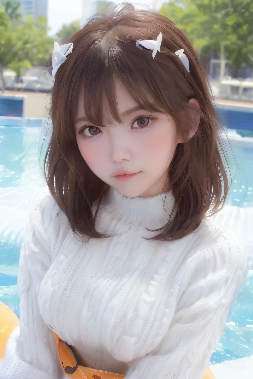 pureerosface_v1、top-quality、Photorealsitic、8K、hight resolution、1girl in、femele、(Skindentation)、(portlate:0.6)、a gorgeous、dynamicposes、((Poolside background:1.6))、coconut tree、((Medium-sized round-breasted、White High Neck Sweater:1.4))、straight look at viewer:1.8、(1 Girl's eyes looking at the viewer、medium lenght hair、brown haired、partedbangs:1.65)、(bokeh dof)、a smile:1.2、(Keep your mouth shut:1.16)、fullnude