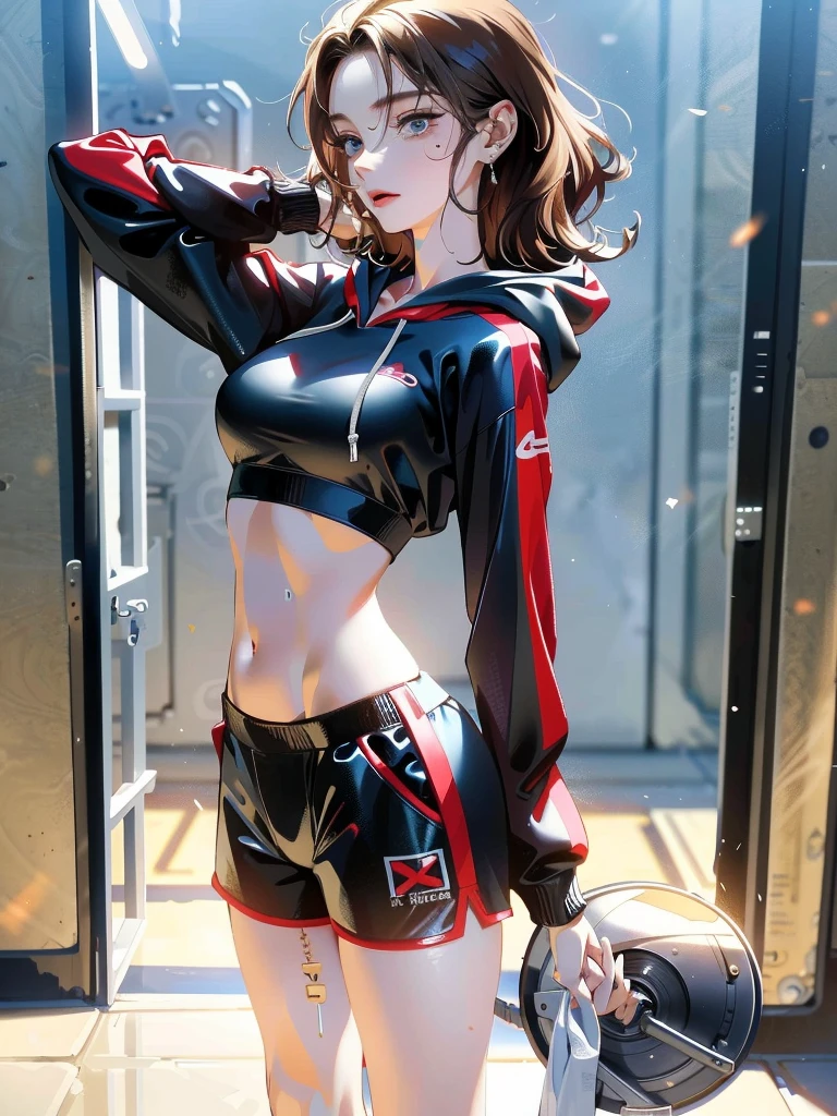 absurdres, RAW photo, extremely delicate and beautiful, masterpiece, Best Quality, ultra high resolution, 32k, hyperrealistic, ultra-detailed, perfect anatomy, anatomically correct, perfect figure, super Detailed skin, 20 years old, very Slim body, narrow waist, very small head, very small face, delicate facial features, detailed face, detailed eyes, tearful mole, earring, thin legs, bare legs, very huge round breasts, short medium hair, ((wavy hair)), wet clothes, tracksuit shorts, Lightweight hoodie, crop top,