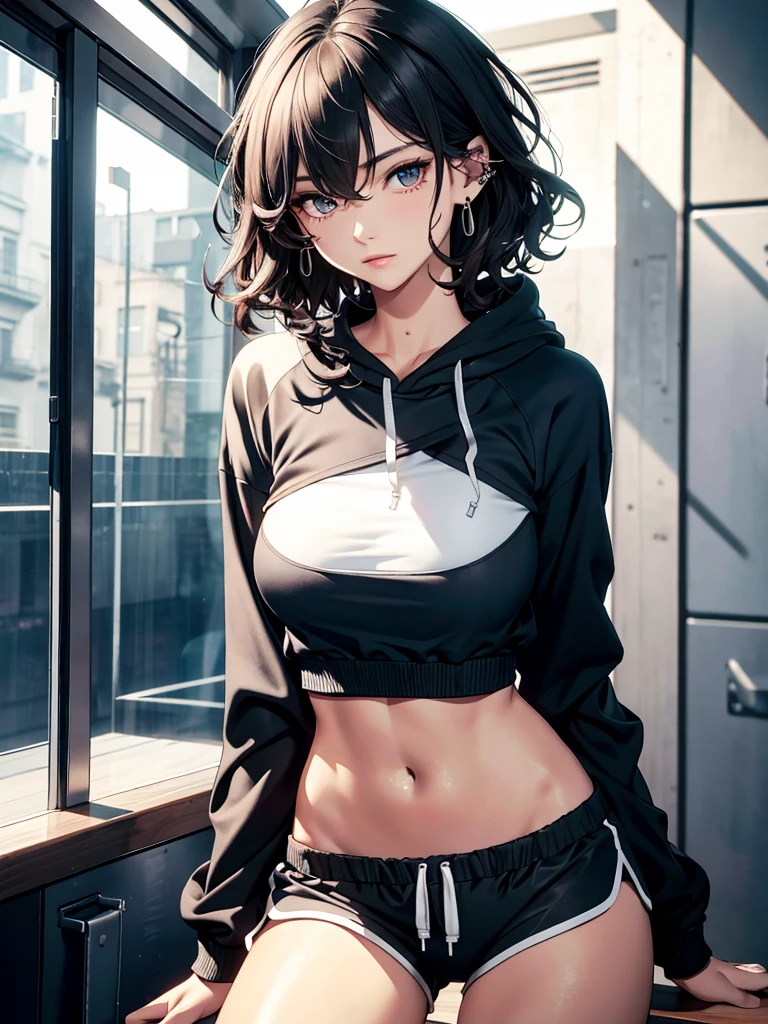 absurdres, RAW photo, extremely delicate and beautiful, masterpiece, Best Quality, ultra high resolution, 32k, hyperrealistic, ultra-detailed, perfect anatomy, anatomically correct, perfect figure, super Detailed skin, 20 years old, very Slim body, narrow waist, very small head, very small face, delicate facial features, detailed face, detailed eyes, tearful mole, earring, thin legs, bare legs, very huge round breasts, short medium hair, ((wavy hair)), wet clothes, tracksuit shorts, Lightweight hoodie, crop top,