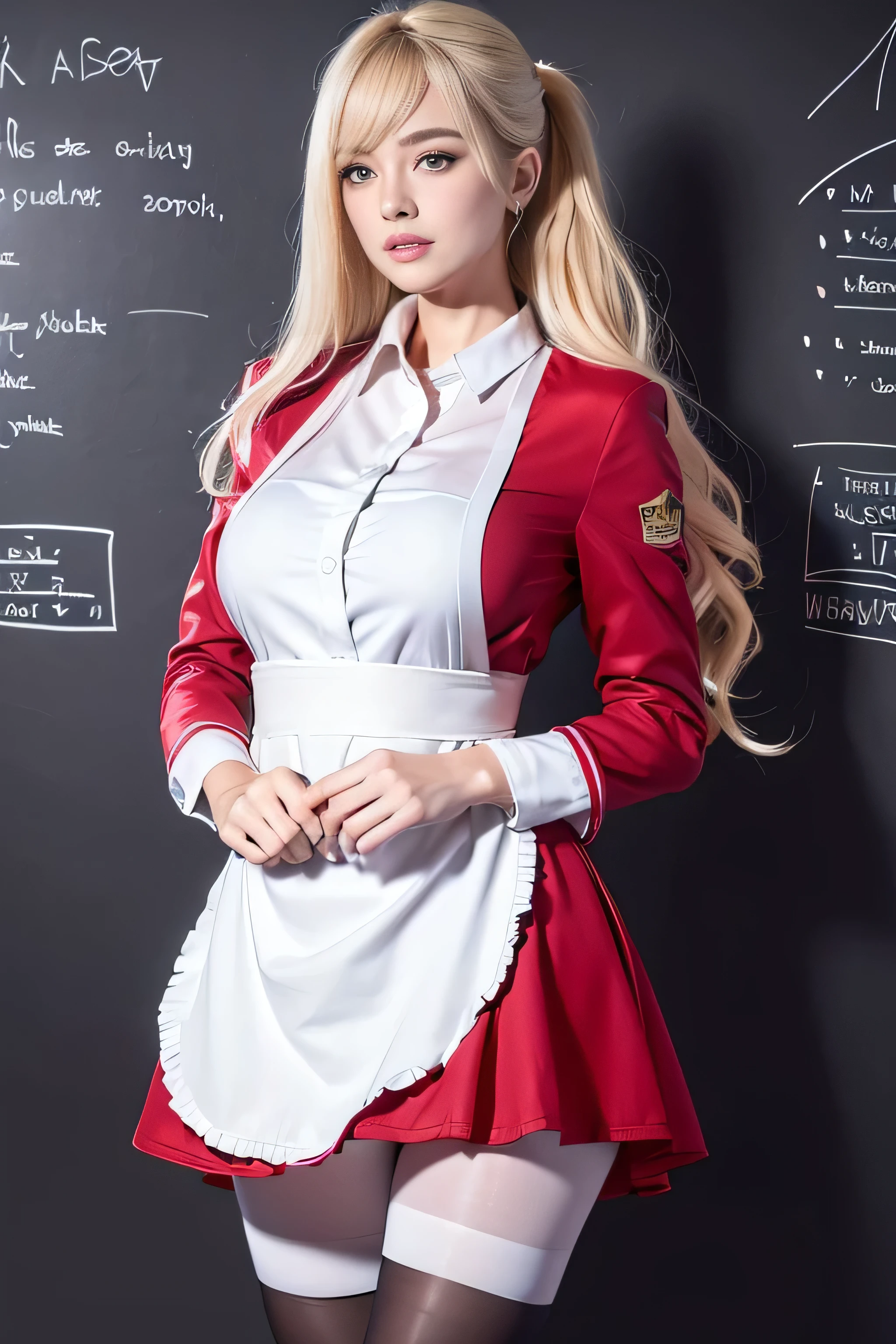 realistic, High resolution, soft light,1 female, alone, waist rises high, (detailed face),colorful hair、shortcut,wear,long hair、(ponytail)、((Upskirt))(hyperrealistic), (high resolution), (8K), (extremely detailed), (best illustration), (beautiful detailed eyes), (best quality), (super detailed), (masterpiece), (wallpaper), (detailed face), solo, (dynamic pose), 1 girl, white wavy hair, European , heterochromic eyes, ((apron)), big breasts, long legs, tightens abs, (camel toes), (black stockings), (thick lips), (red suit, shirt, red jacket, red tight skirt, black pantyhose), standing proudly in front of the blackboard, classroom, professional lighting
