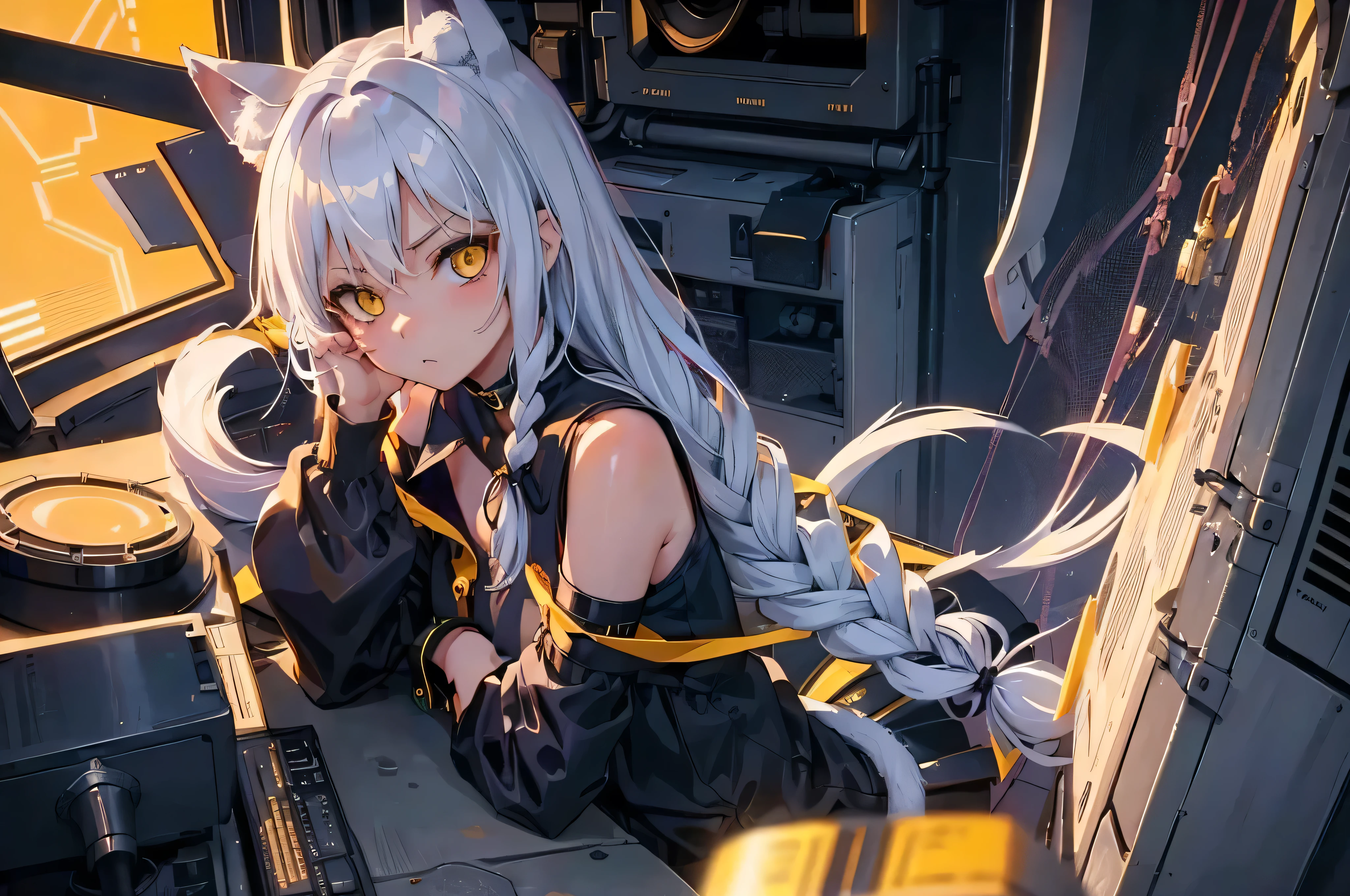masterpiece, highest quality, Perfect Face, Highest Resolution, Highest quality,Detailed depiction of the eyes, foxy 1 girl, young, skinny body, White Hair, Long Hair,one side braid grated, Cat ear, Big cat eyes, Yellow Eyes, cyber punk, navy blue mechanical arm guard, navy blue mechanical leg guard, Perfect Anatomy, Correct number of moves, Correct hand shape, Expose your shoulders, Exposing your thighs, Expressive, cat tail, Black ribbon choker, in the cockpit