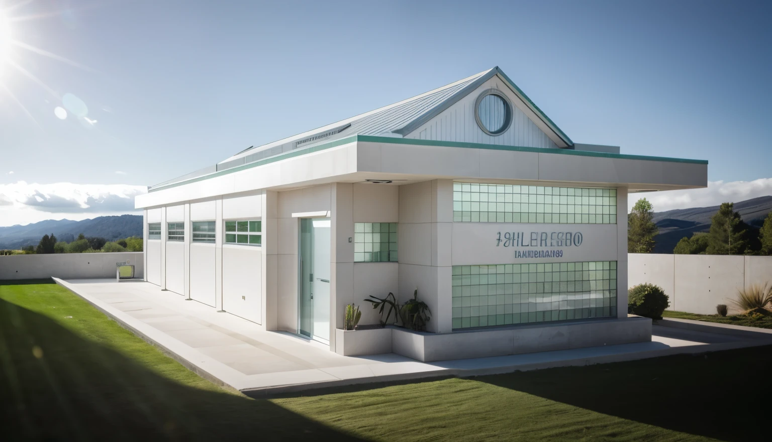 highquality, realistic photo, canon eos 5D mark, natural light, architecture, exterior, sun during the day, beautiful sky, real photo, toleroof, white walls, toilet, ventilation on the wall, green plants in the front tank,Split stone, natural granite wall cladding.