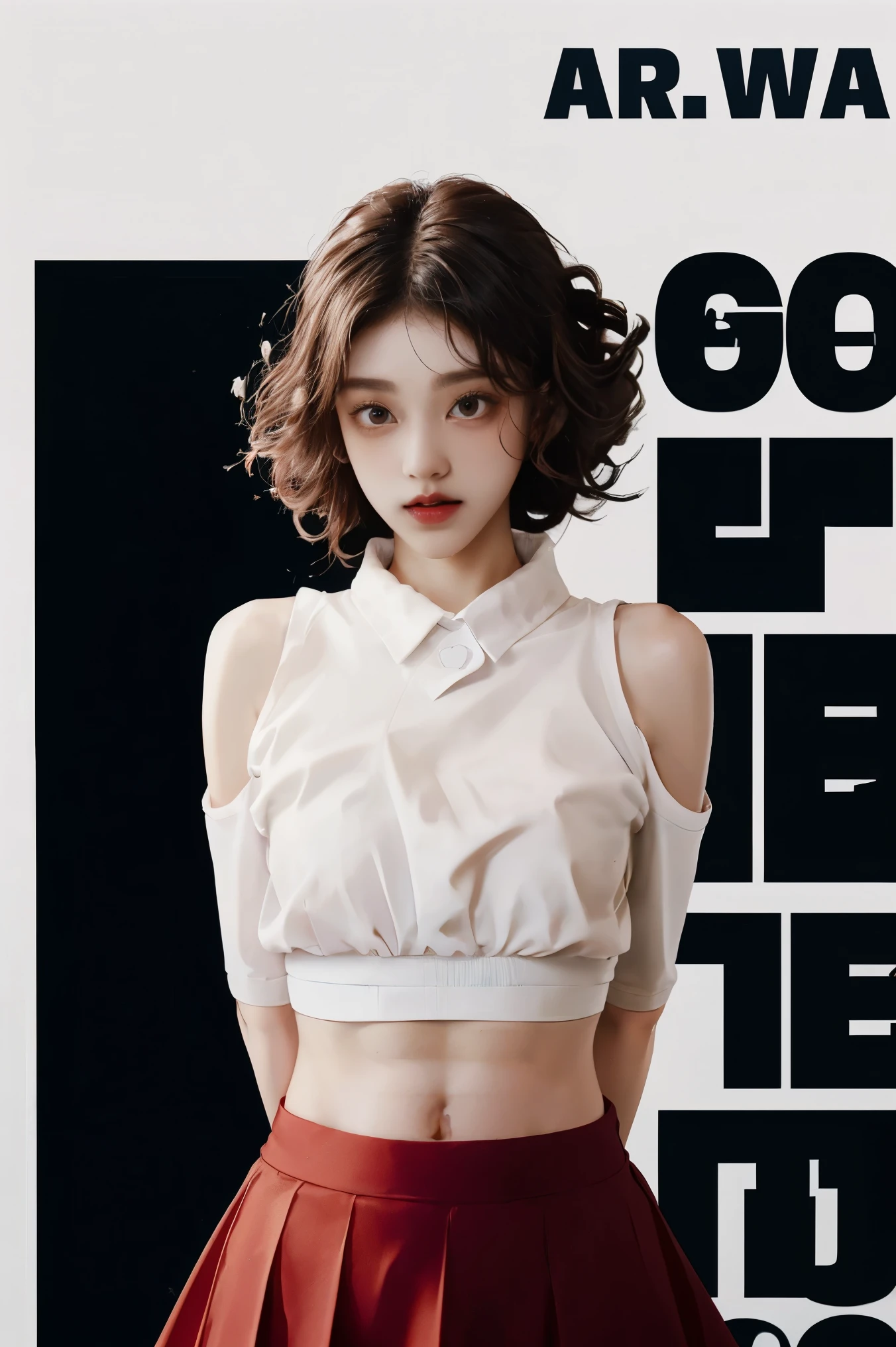 white t-shirt, Black Tulle_skirt, belly button visible, 1 Korean beauty,  (Perm Hair Curly:1.2), (from above), (on_stomach:1.5) , (arms_behind_back:1.5), looking at the camera,