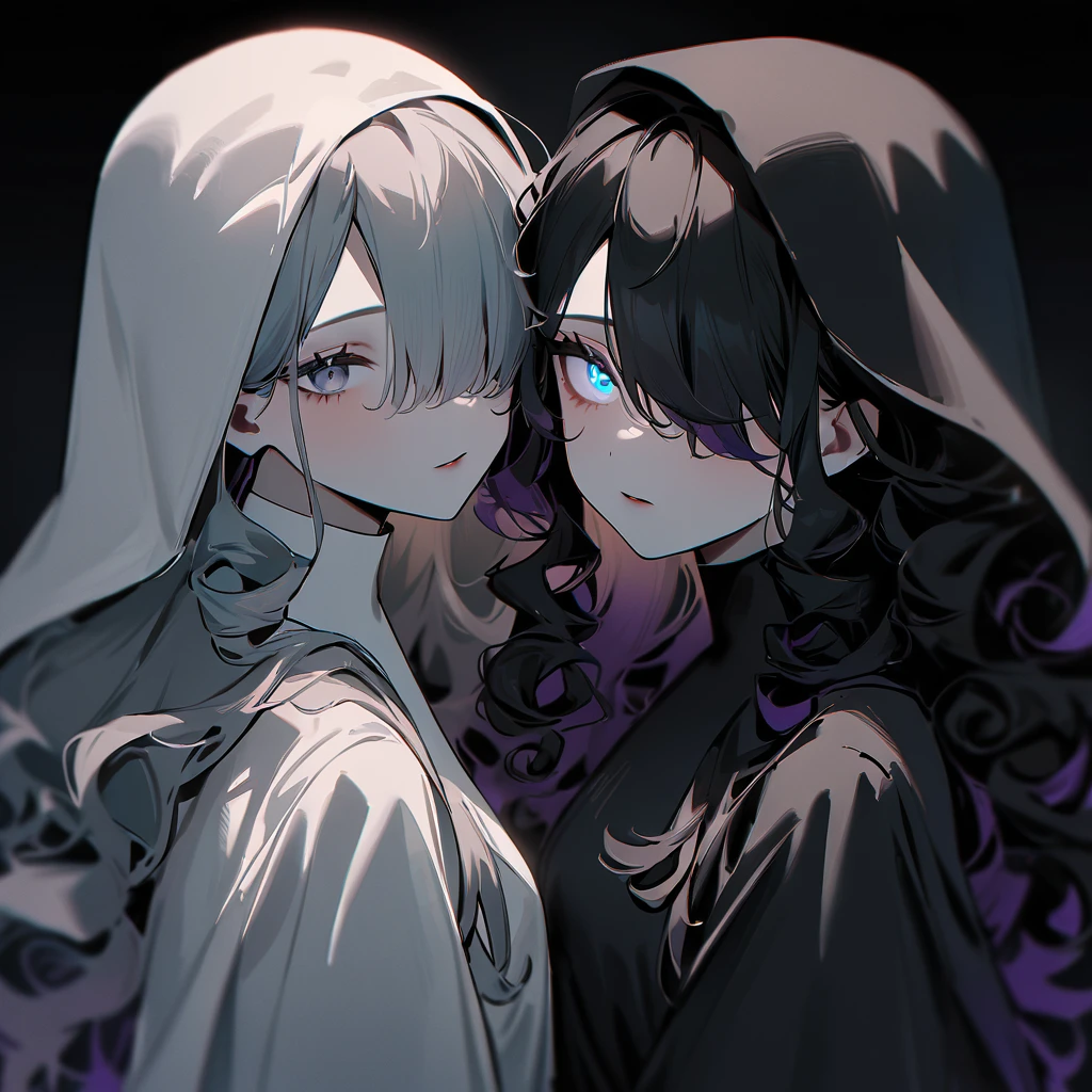 Two Girls,duo,Portraiture,pale colour,masterpiece,highest quality,so beautiful,Absurd,Alternative color,chromatic aberration,Inner hair color, High Contrast, Marble Eyes,human,habit,body,encouragement, Dark,Hair on one eye,Hair between the eyes,Kneel,Darkness and light,Curly Hair