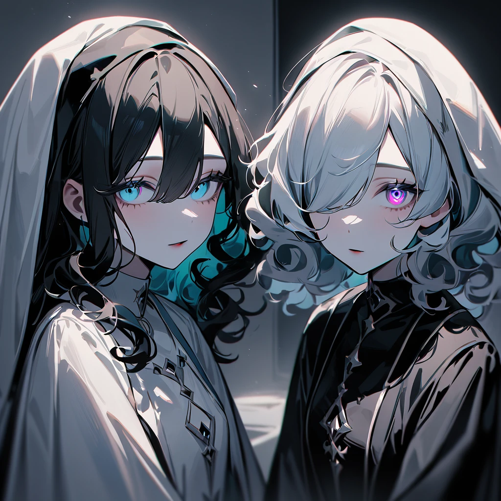 Two Girls,duo,Portraiture,pale colour,masterpiece,highest quality,so beautiful,Absurd,Alternative color,chromatic aberration,Inner hair color, High Contrast, Marble Eyes,human,habit,body,encouragement, Dark,Hair on one eye,Hair between the eyes,Kneel,Darkness and light,Curly Hair