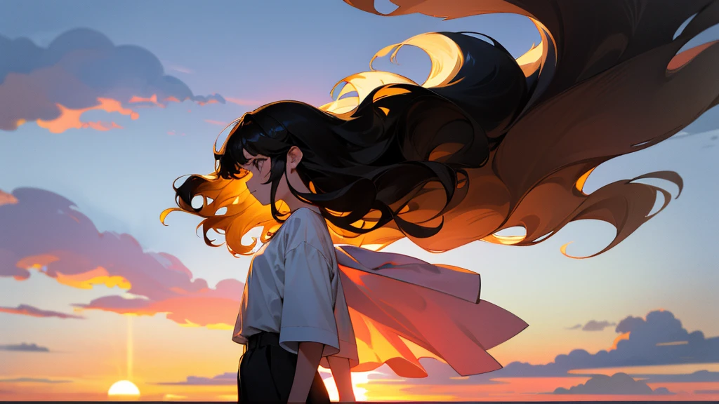 back view of five (5) people watching sunset. upper body. First, boy has big body, kinda short and has straight hair, second is girl who's kinda short also, black and curly hair, 3rd is a boy that has mid-curly hair, tall, wearing white shirt, 4th is a girl, short, has wavy-dark hair wearing a cute outfit and lastly, a girl who's straight hair, wearing a fitted cloth.