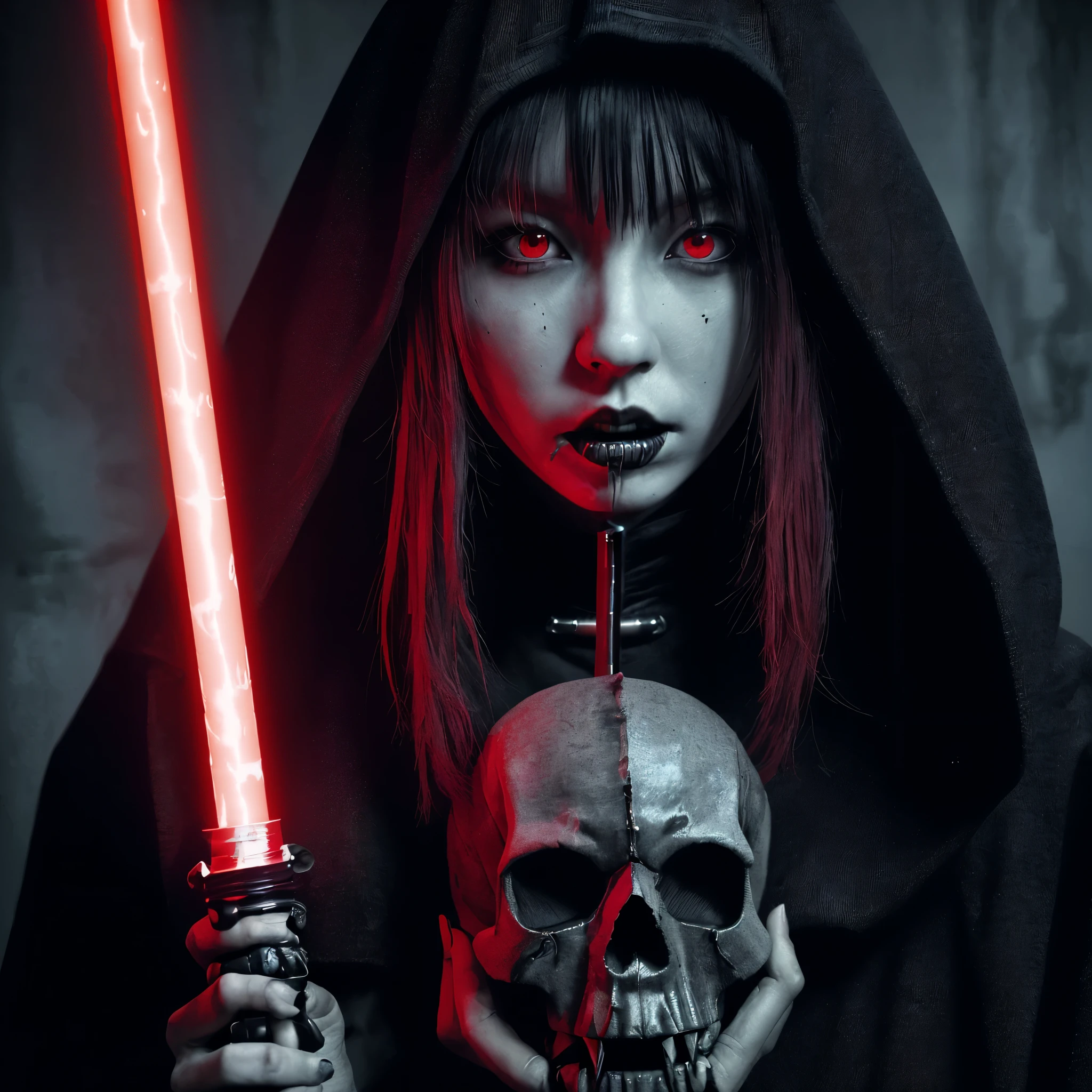 (very sharp result, full body desaturated photo) (((textile shading))), (((Best Quality))), (((masterpiece))) (((hyper realistic photo))) in starwars universe, dark atmosphere, backlight shoot body sith lordes japanese girl in black cult hoodie pale skin, vampire look no makeup, piercings, mysterious sinister with bright red eyes (she is holding ritual skull & red lighsaber) red hair, dark castle, source light only from her red saber, horror feel mood gritty atmosphere,4K