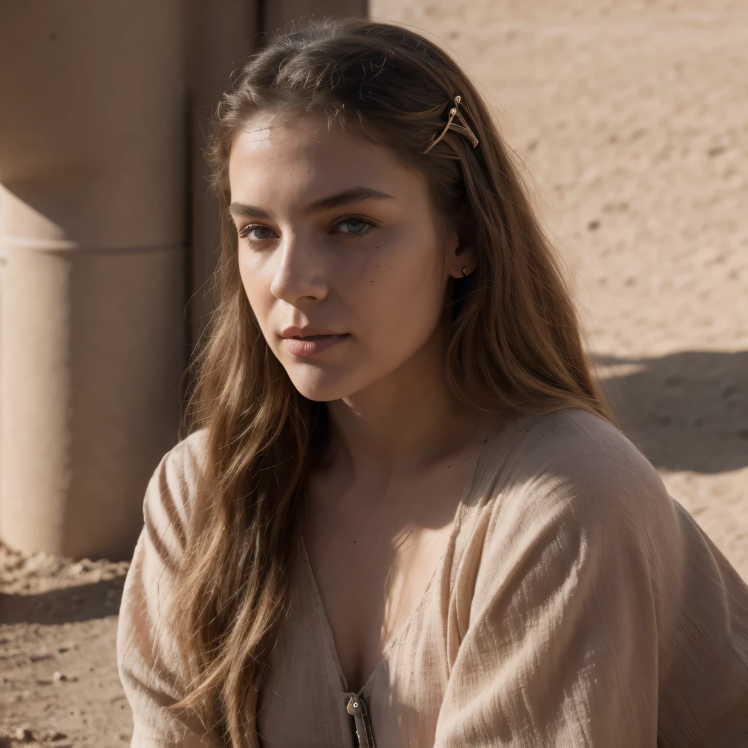 photo of a college student, in Desert Color Coarse Linen Pink,Desert Color Coarse Linen, (freckles:0.8) cute face, sci-fi, dystopian, detailed eyes, Heterochromia eyes（（Side view））（Lunar soil）((a beautiful fantasy empress))