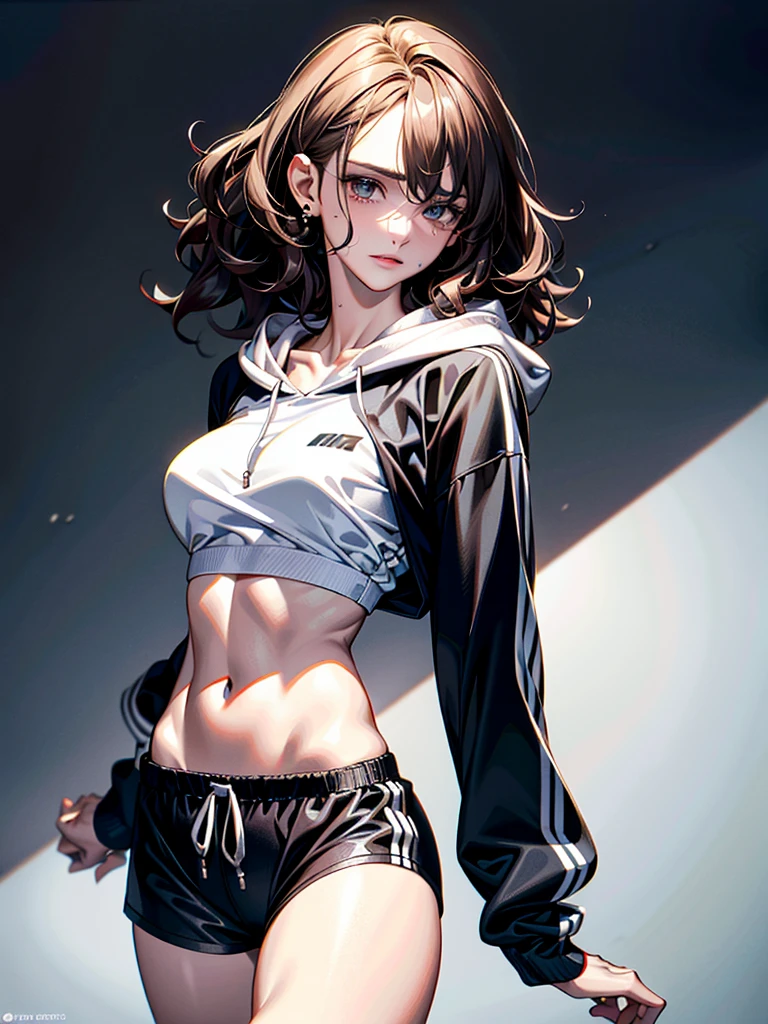 absurdres, RAW photo, extremely delicate and beautiful, masterpiece, Best Quality, ultra high resolution, 32k, hyperrealistic, ultra-detailed, perfect anatomy, anatomically correct, perfect figure, super Detailed skin, 20 years old, very Slim body, narrow waist, very small head, very small face, delicate facial features, detailed face, detailed eyes, tearful mole, earring, thin legs, bare legs, very huge round breasts, short medium hair, ((wavy hair)), wet clothes, tracksuit shorts, Lightweight hoodie, crop top,