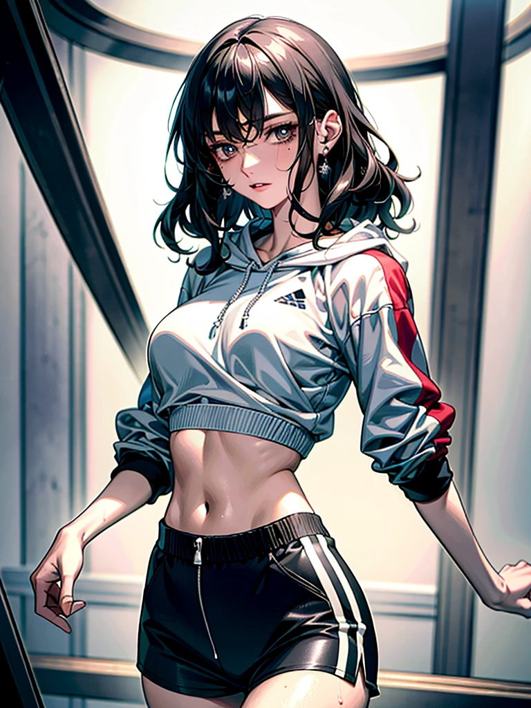 absurdres, RAW photo, extremely delicate and beautiful, masterpiece, Best Quality, ultra high resolution, 32k, hyperrealistic, ultra-detailed, perfect anatomy, anatomically correct, perfect figure, super Detailed skin, 20 years old, very Slim body, narrow waist, very small head, very small face, delicate facial features, detailed face, detailed eyes, tearful mole, earring, thin legs, bare legs, very huge round breasts, short medium hair, ((wavy hair)), wet clothes, tracksuit shorts, Lightweight hoodie, crop top,