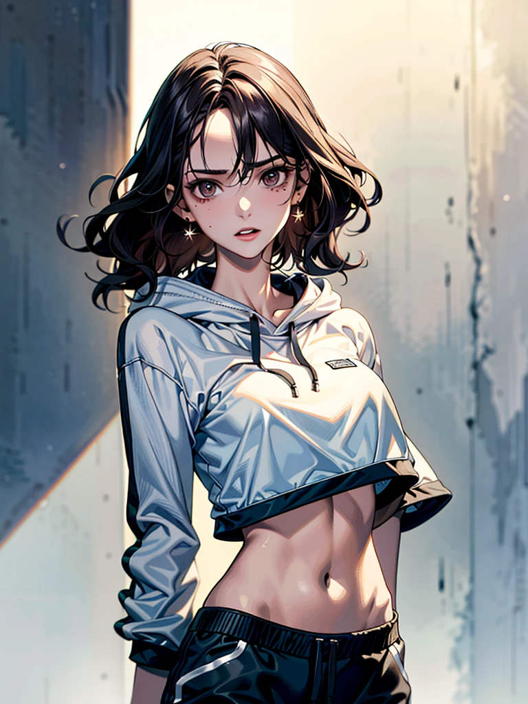 light brown-skinned woman, dark semi-short hair, black eyes with dark circles, Skinny body, with loose clothing and a happy expression