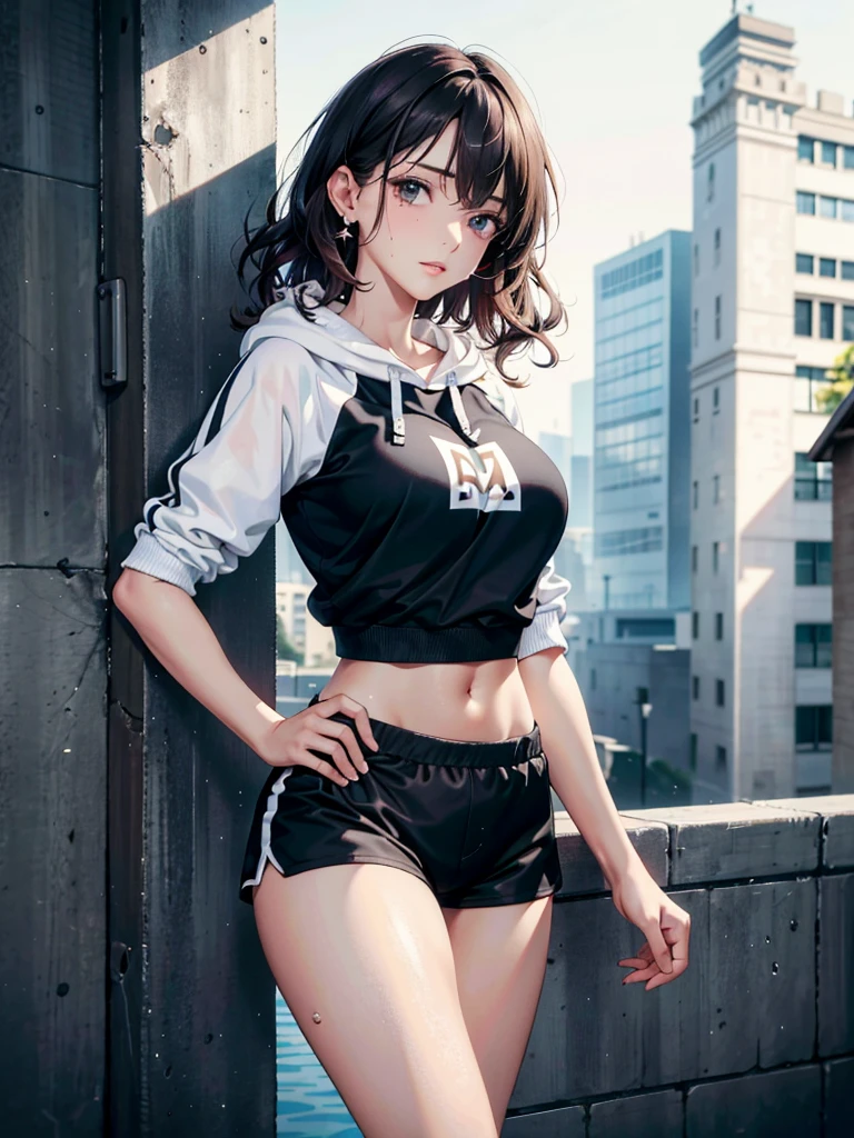 absurdres, RAW photo, extremely delicate and beautiful, masterpiece, Best Quality, ultra high resolution, 32k, hyperrealistic, ultra-detailed, perfect anatomy, anatomically correct, perfect figure, super Detailed skin, 20 years old, very Slim body, narrow waist, very small head, very small face, delicate facial features, detailed face, detailed eyes, tearful mole, earring, thin legs, bare legs, very huge round breasts, short medium hair, ((wavy hair)), wet clothes, tracksuit shorts, Lightweight hoodie, crop top,