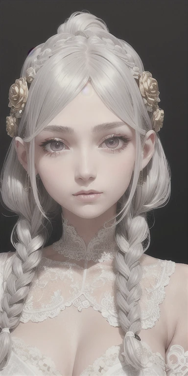 best quality, masterpiece,gray hair, golden eyes,white clothes, search,hair,fair skin,side braids,,(very detailed),(Really delicate and beautiful face),(detailed beautiful eyes),big bust