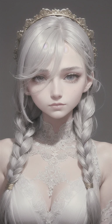 best quality, masterpiece,gray hair, golden eyes,white clothes, search,hair,fair skin,side braids,(very detailed),(Really delicate and beautiful face),(detailed beautiful eyes),big bust, choker necklace