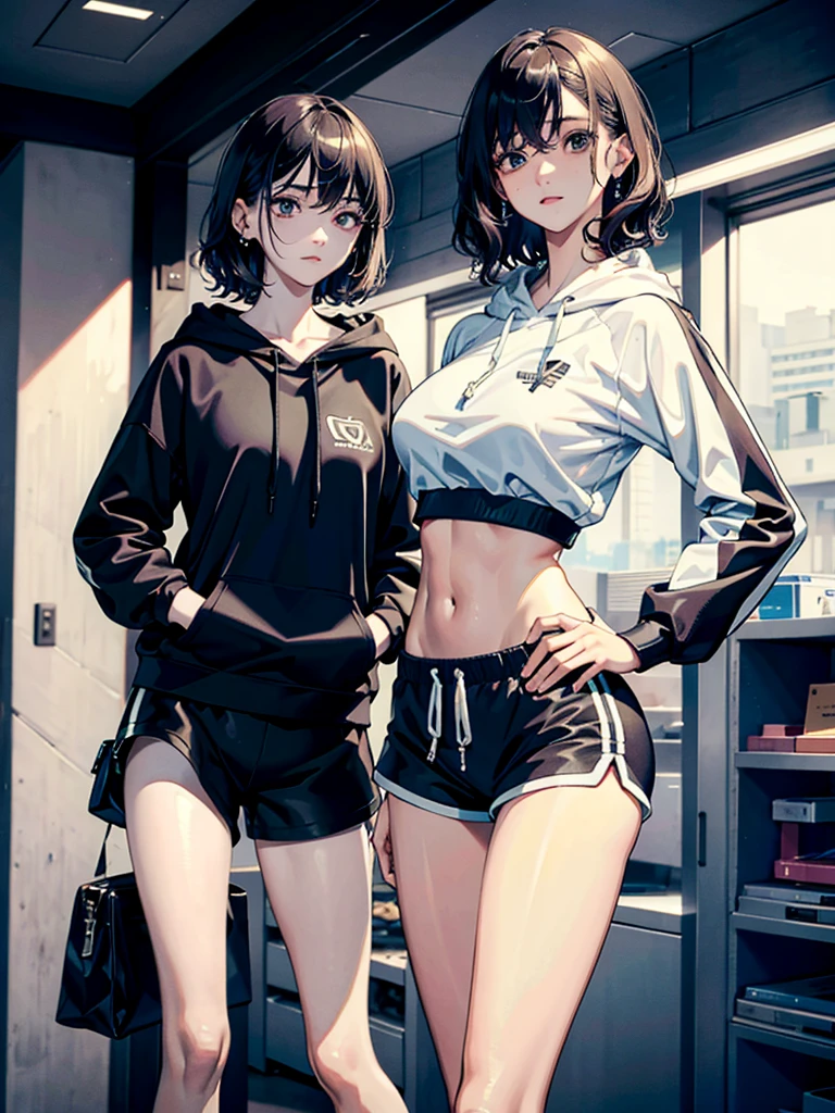 whole body, solo, alone, perfect anatomy, correct body, ideal ratio of body proportions, tearful mole, earring, medium hair, black hair, medium tits, classroom, tennis uniform, shorts,