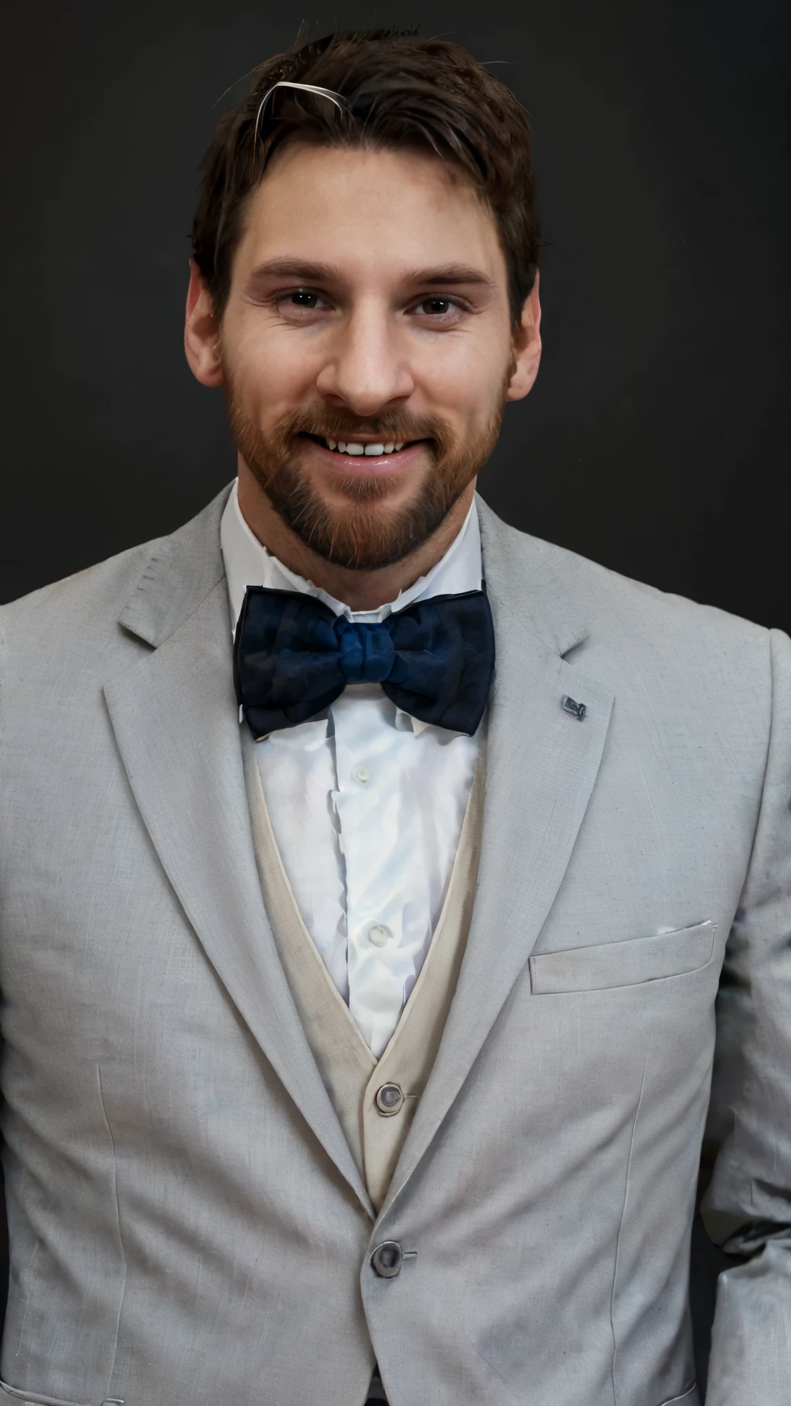 gquality, leo, solo, smile, simple background, 1boy, bow, male focus, bowtie, black bow, facial hair, blue background, formal, suit, portrait, beard, black bowtie, realistic, mustache, traditional bowtie, grin