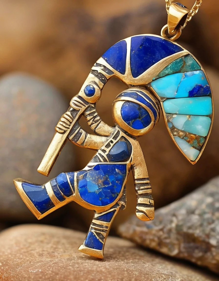 Indian totem rain god Kokopelli god abstract pendant design，Little man playing the flute，The main stone is an irregular opal，Indian elements，The matching stones are small amounts of lapis lazuli and turquoise，Clams，bead，gem，Retro，Old，Soft Light