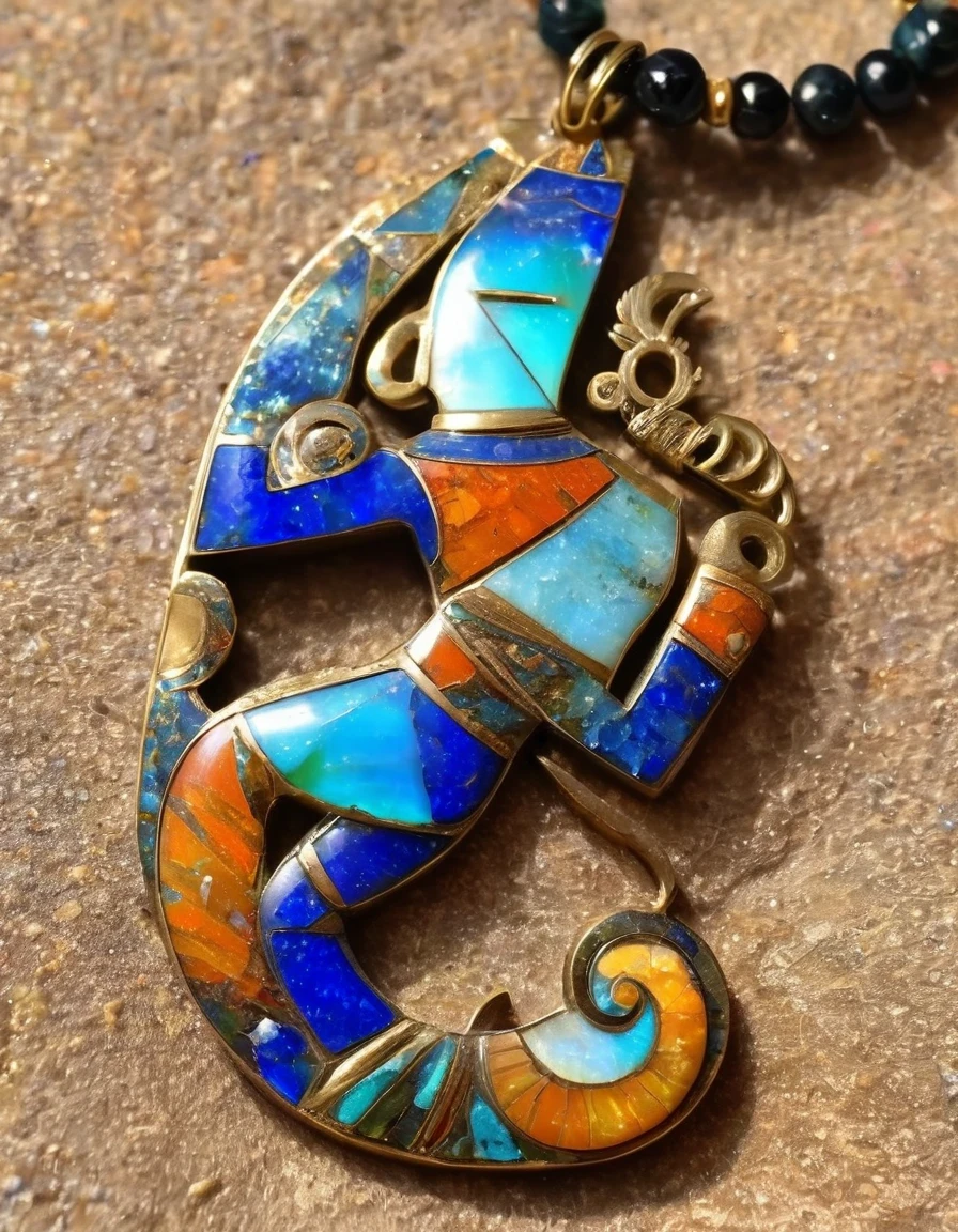 Indian totem rain god Kokopelli god abstract pendant design，Little man playing the flute，The main stone is an irregular opal，Indian elements，The matching stones are small amounts of lapis lazuli and turquoise，Clams，bead，gem，Retro，Old，Soft Light