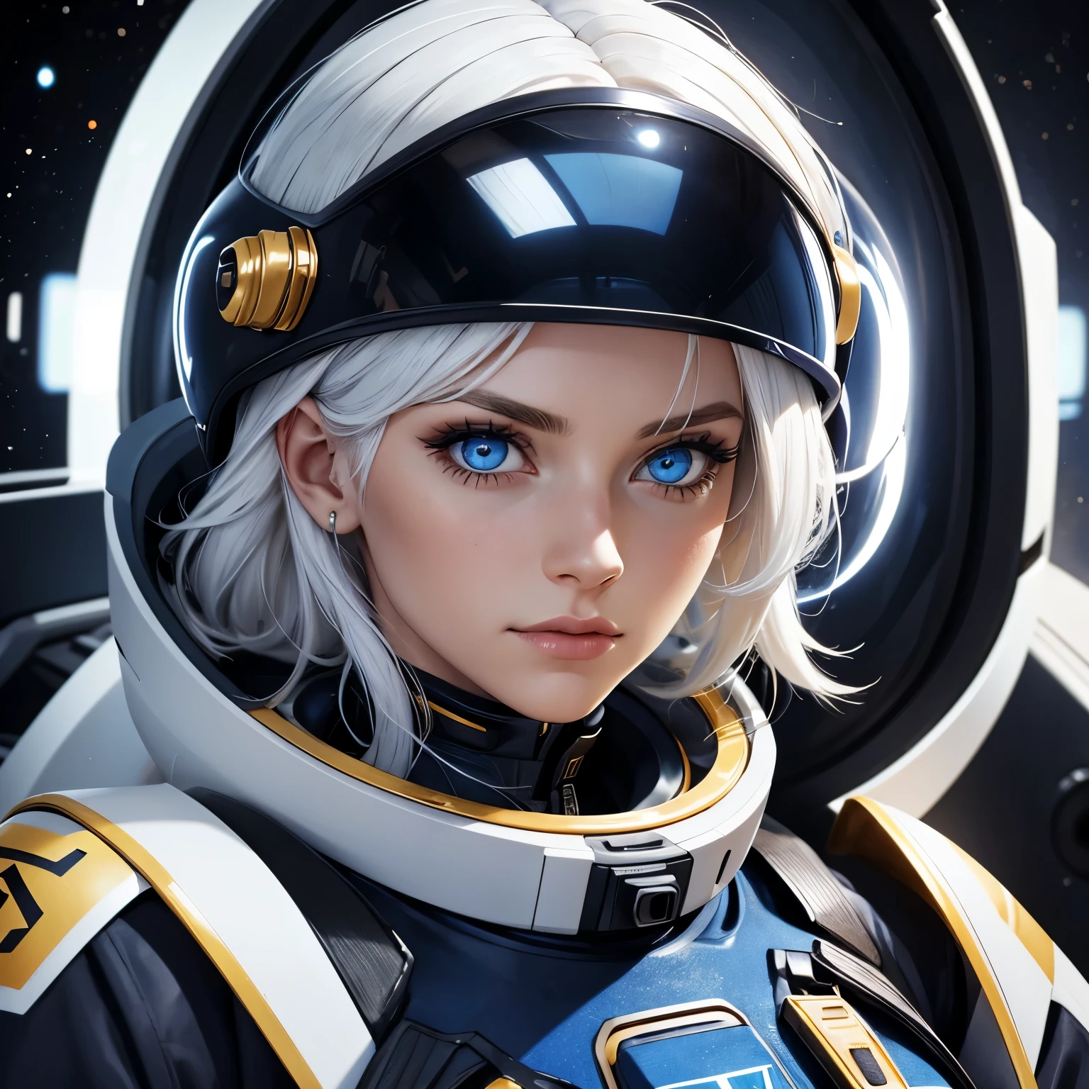 Woman with ,golden white hair,Blue eyes,,,black spacesuit