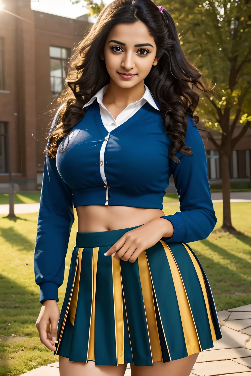 20yo  in school school photo in school masterpiece, (photorealistic:1.4), best quality, beautiful lighting,Eleanor Marathi Woman 20yo Old Big 44M round firm Breasts Plus Size Model lipstick Bun lHair Bun Hair Hair Lifts Skirt Up Raised Skirt, wearing bra and panty. 