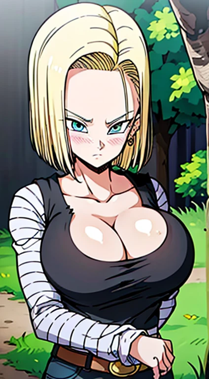 masterpiece, detailed face, 
android 18,  buu saga, , 1girl, solo, looking at viewer, short hair, blue eyes, blonde hair, collarbone, 
City, street,((huge tits:1.2)),cleavage, forest, upper body, lying on field, hovering, 
midair, 
black shirt, long sleeves, striped sleeves, hoop earrings, shoes, orange socks, belt, high waist pants,( embarrassed :1.3),(blush)