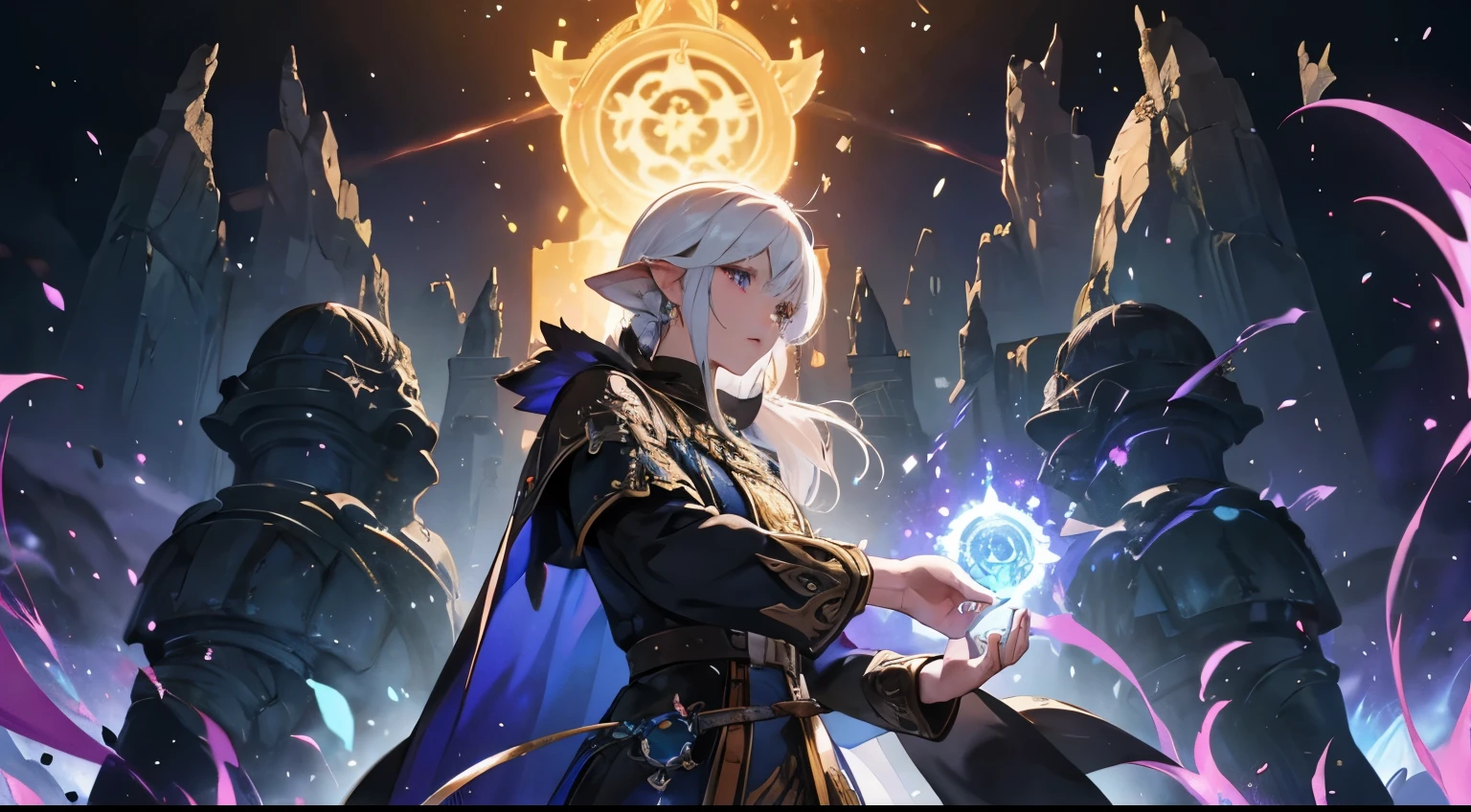 FF14 instance dungeon、A healer uses Esuna to remove a debuff from a party member.、Dynamic and vivid images。The background is a dark cave of a dungeon and mysterious ruins.、In the foreground, a magic circle of light shines.、Please describe the healer concentrating while casting a spell.。Please make it visually clear how the status abnormality caused by Esuna's effect is removed.。