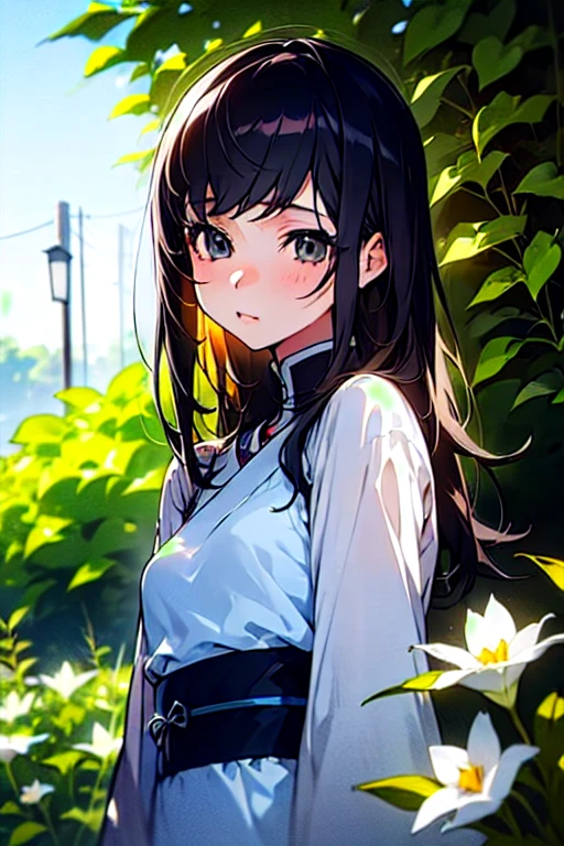 (Girl: 1.5), race, ribbon, Hanfu, (masterpiece, Side light, delicate and beautiful gray eyes: 1.2), masterpiece, Realistic, Glowing Eyes, Shiny Hair, Black Hair, Long Hair, Shiny skin, alone, awkward, Strapless, delicate, beautiful, garden, Flowers, Fluttering petals,