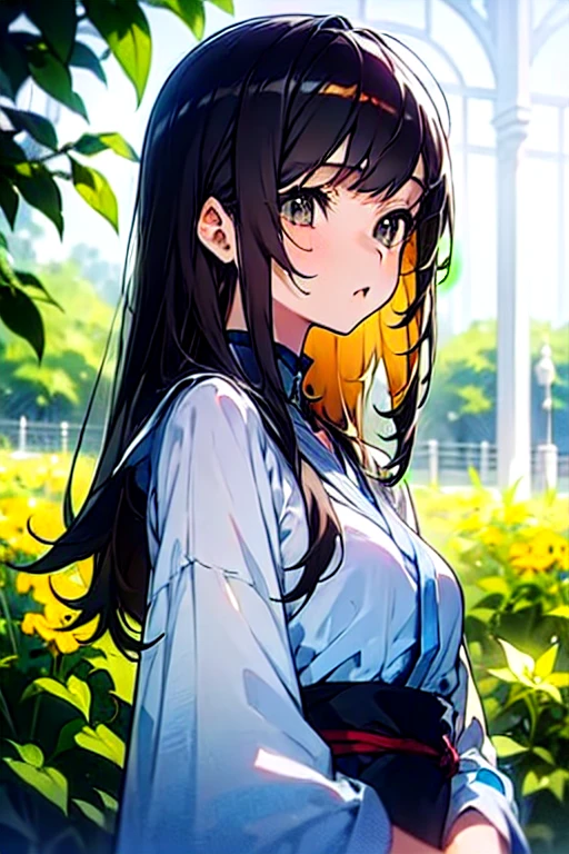 (Girl: 1.5), race, ribbon, Hanfu, (masterpiece, Side light, delicate and beautiful gray eyes: 1.2), masterpiece, Realistic, Glowing Eyes, Shiny Hair, Black Hair, Long Hair, Shiny skin, alone, awkward, Strapless, delicate, beautiful, garden, Flowers, Fluttering petals,