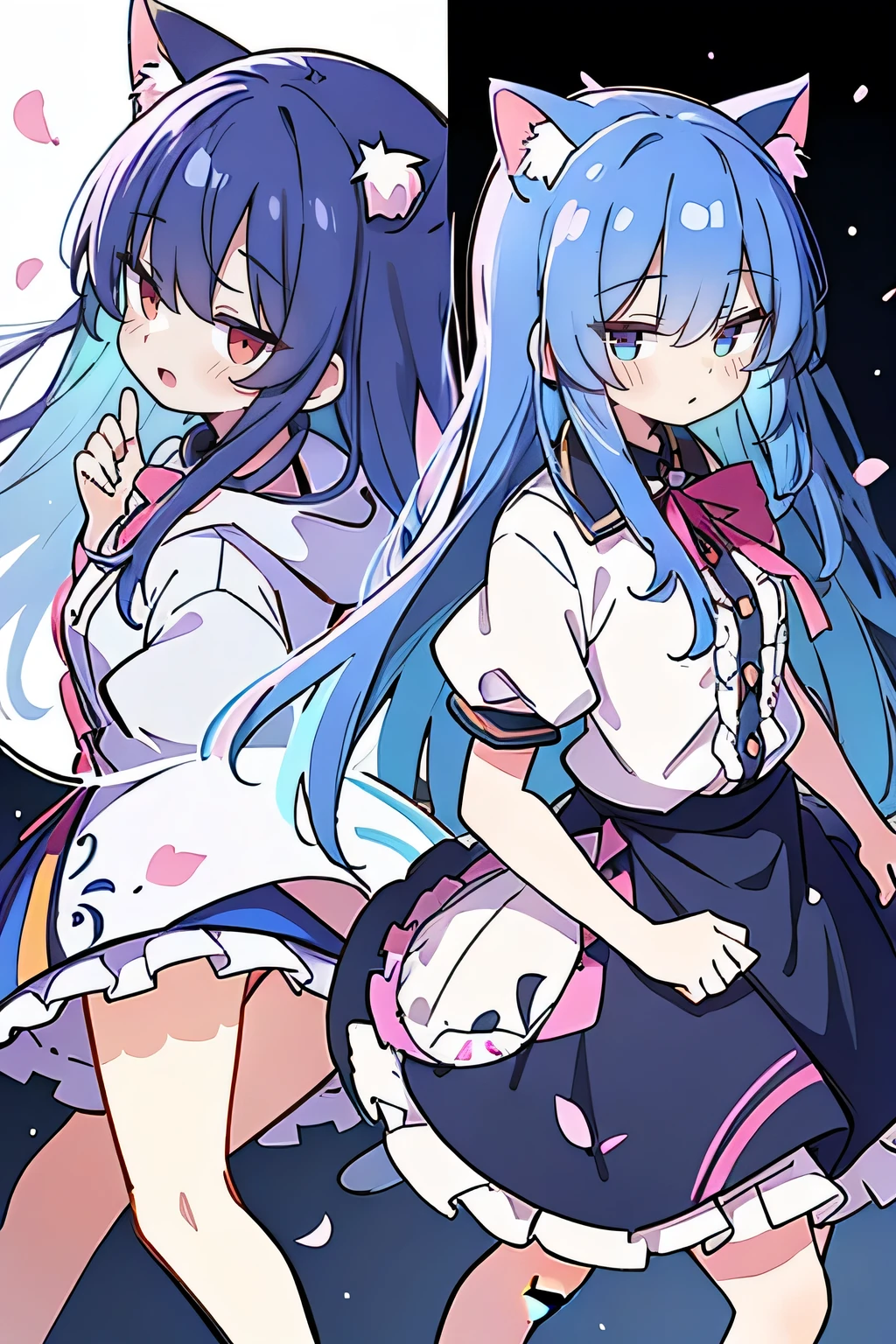 (masterpiece:1.2),Super detailed,lifelike,Expressive eyes,fair skin,perfect face shape,1 girl,
Japanese comics,Gorgeous blue hair,flowing blue hair,flowing clothes,Cat ears,Petals fall,beautiful lola,Baby Angel,
Shaking head with one hand,Cross your legs,Gentle and peaceful background,The pavilion is cool and comfortable,smile, wearing hoodie, background of tokyo,back views,snowing, winter.