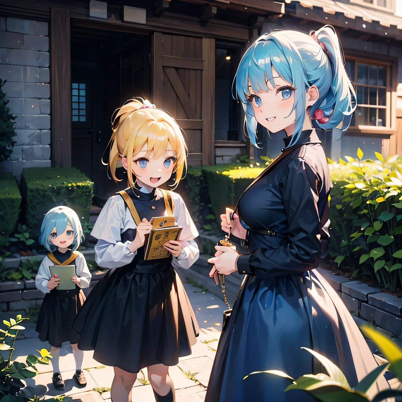 Anime Moe Art Style,highest quality,High resolution,Anatomically correct,One Girl,Mid-teens,A girl with light blue hair in a ponytail,Super detailed,Fantasy-style world,Sister,Monastic uniform,Big Breasts,Bright smile,Laughing with your mouth open,garden,Outdoor,Playing with two little blonde kids,Eyes drawn in detail,Gold Rosary,8K