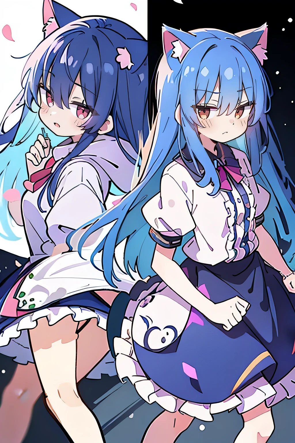 (masterpiece:1.2),Super detailed,lifelike,Expressive eyes,fair skin,perfect face shape,1 girl,
Japanese comics,Gorgeous blue hair,flowing blue hair,flowing clothes,Cat ears,Petals fall,beautiful lola,Baby Angel,
Shaking head with one hand,Cross your legs,Gentle and peaceful background,The pavilion is cool and comfortable,smile, wearing hoodie, background of tokyo,back views,snowing, winter.