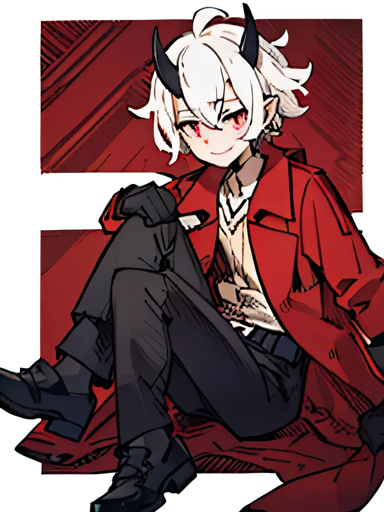 short demon boy, 19 years old, slim body, red coat and white shirt, different colored eyes, black pants, black shoes, white hair, small horns, smiling and a friendly face