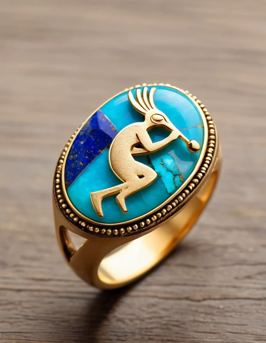 Indian flute player Kokopelli minimalist abstract ring design，The main stone is an oval opal，Indian elements，The matching stones are small amounts of lapis lazuli and turquoise，Clams，bead，gem，Retro，Old，Soft Light