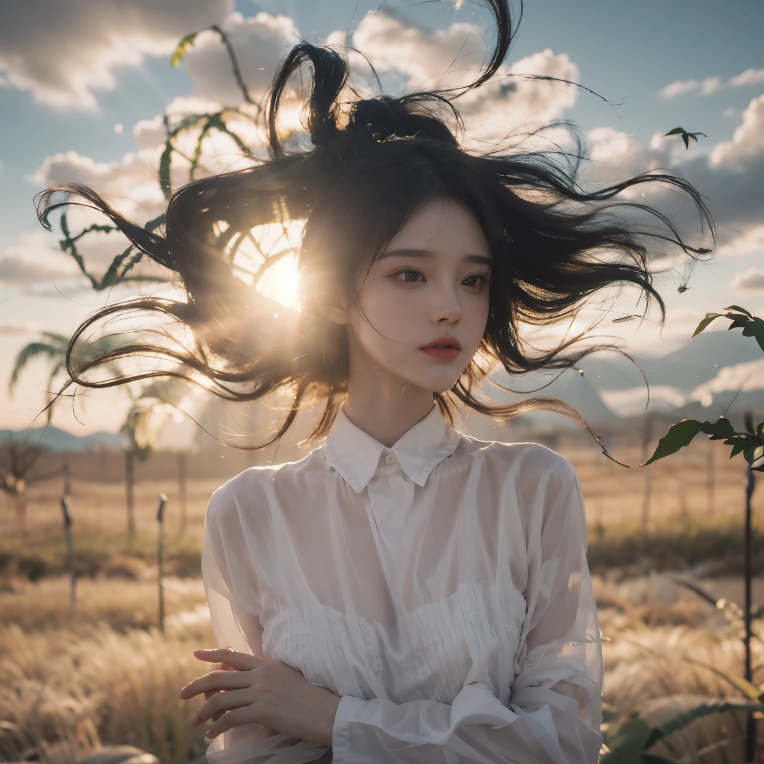 highest quality,masterpiece,Ultra-high resolution,Realistic,RAW Photos,unity 8k wallpaper, Panorama, Cinematic lighting,
On the grass, sunset, Dappled Sunshine, Golden Hour Lighting, Backlight, Blurred Background, (Lens flare), Wind, pastel colour, Soft Light,
1 Girl,Floating short hair, elegant, Upper Body,